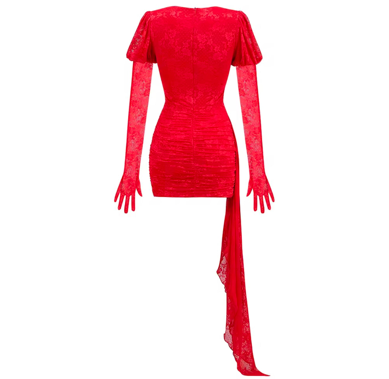 A mini red lace dress with long sleeve gloves and puffy sleeves