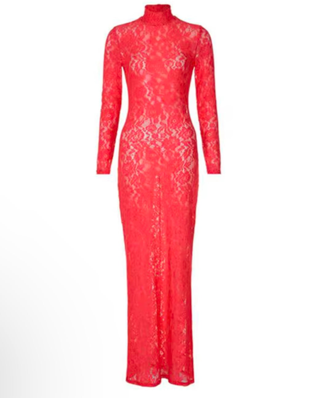 Long sleeve red lace dress with a high neck