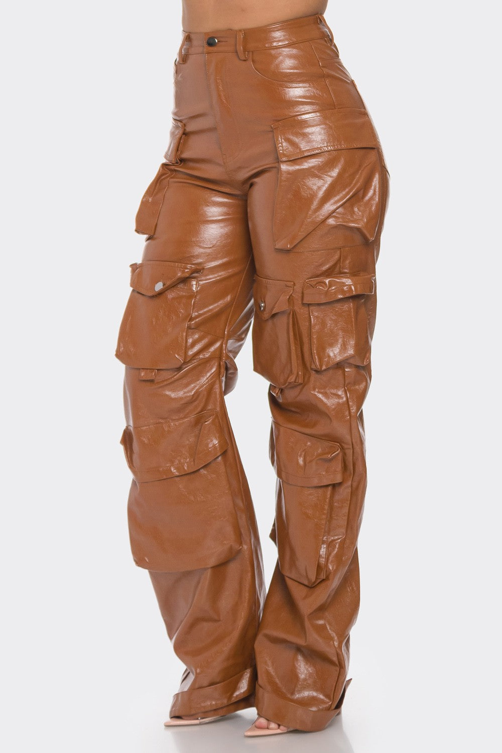 Nia Brown Faux Leather Cargo Pants